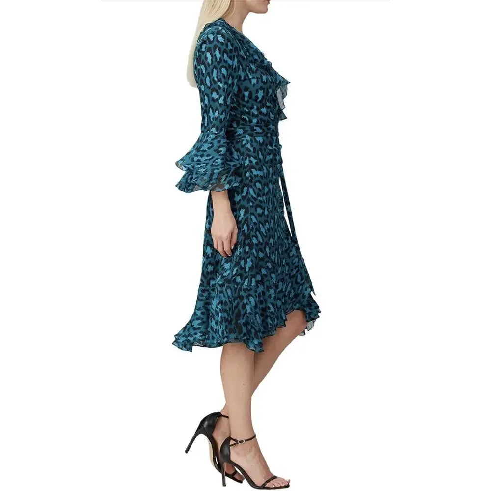 Diane Von Furstenberg DVF Carli Wrap Dress 2 Teal Leopard Silk Jersey NWT - Picture 4 of 12